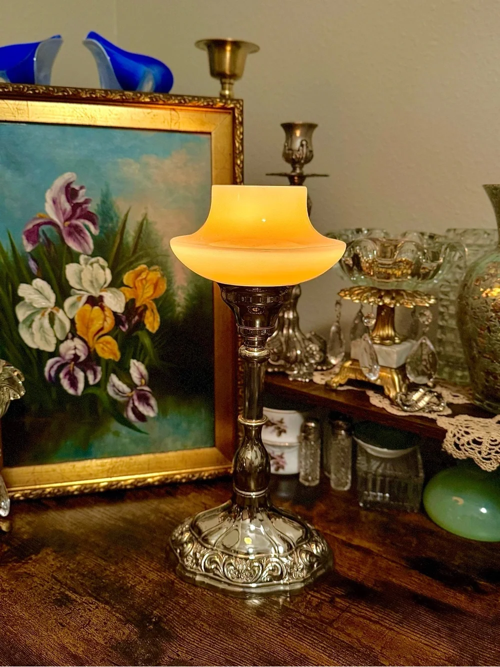 RARE Antique Art Deco Hand-Blown Uranium Custard Glass Silver-Plated Lamp Set